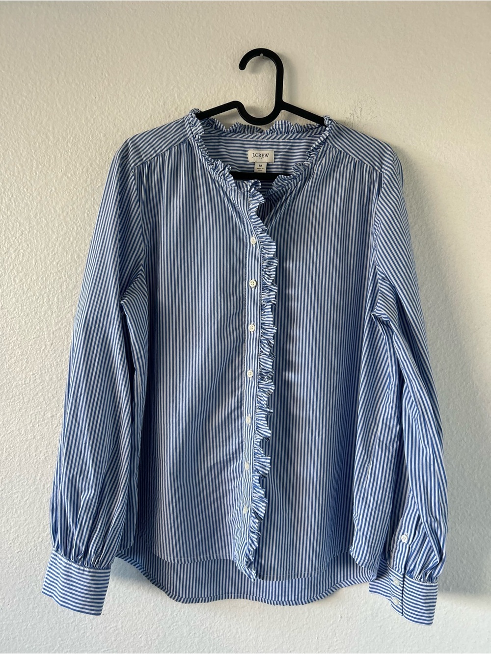 J.Crew Blue and White Striped Ruffle Button-Down Blouse Size M